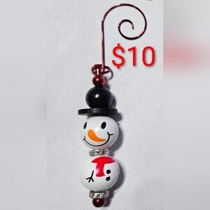 Snowman Ornament with Black Hat and Red Accents